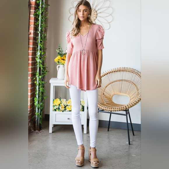 New Launch From Designer HEIMISH Full Size Waffle Knit V-Neck Babydoll Top - Picture 12 of 13